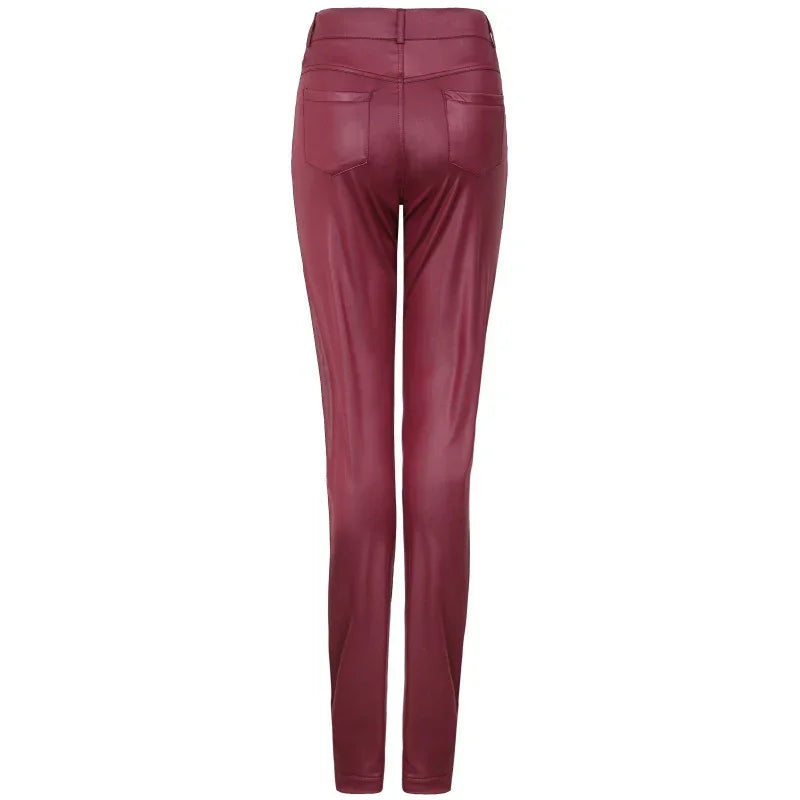 Back view of slim-fit burgundy leather pants with two rear pockets on white background