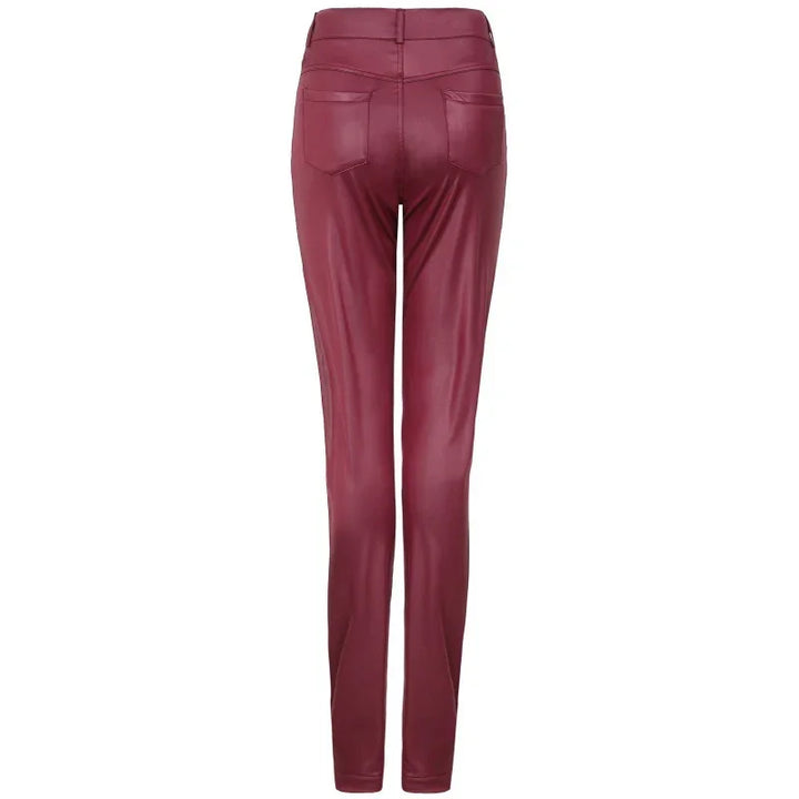 Back view of slim-fit burgundy leather pants with two rear pockets on white background