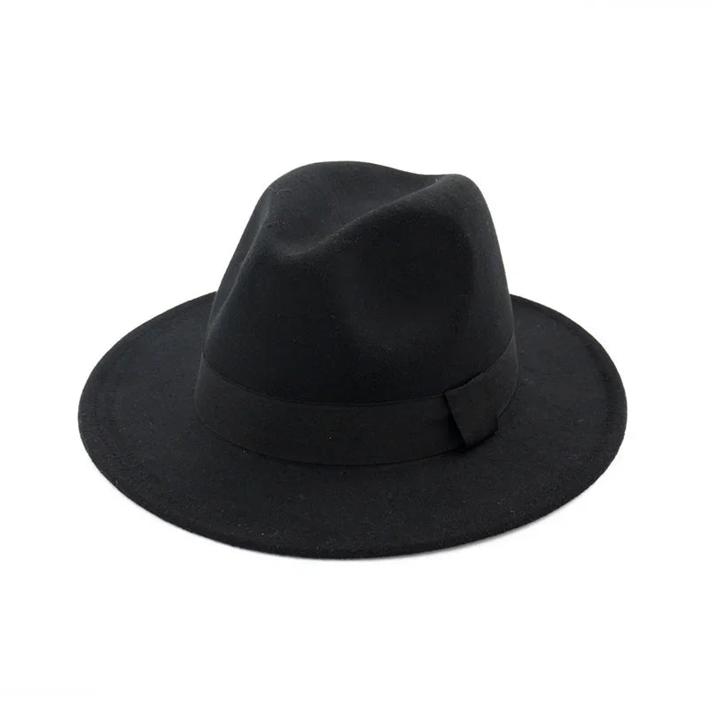 classic black fedora hat with wide brim and fabric band on white background