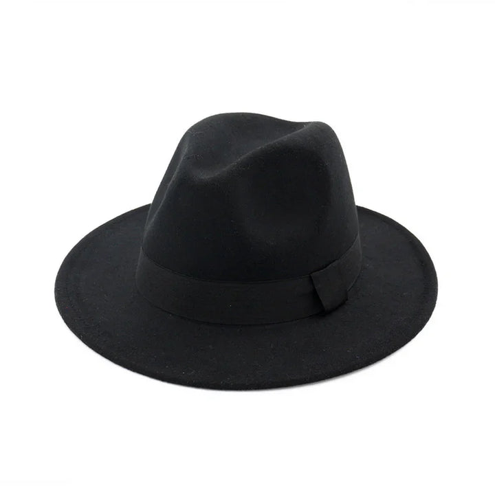 classic black fedora hat with wide brim and fabric band on white background