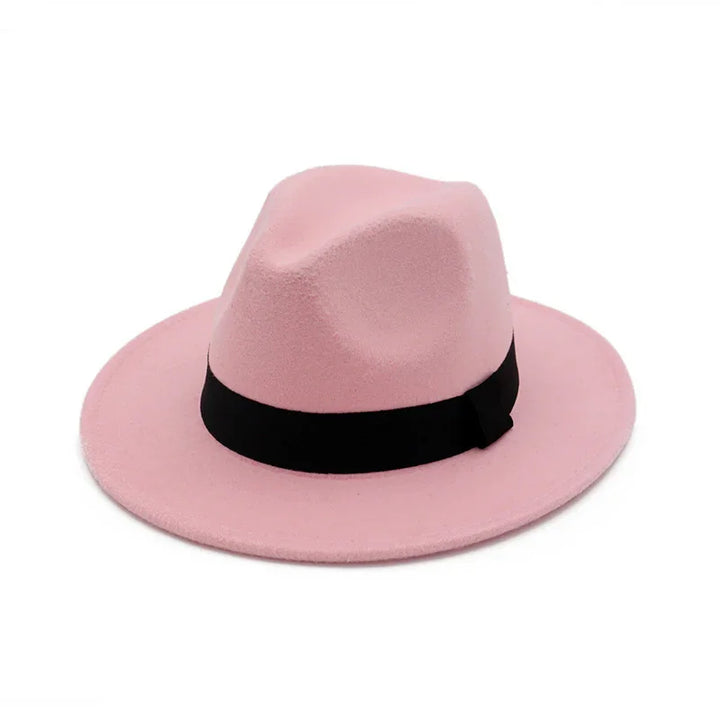 Pink fedora hat with black band, stylish felt material, classic wide brim design
