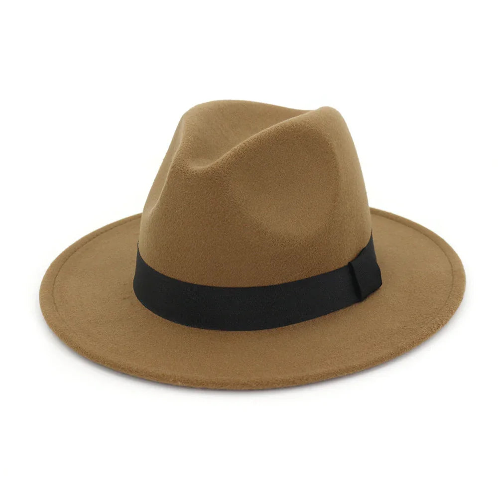 Brown fedora hat with black ribbon band on white background