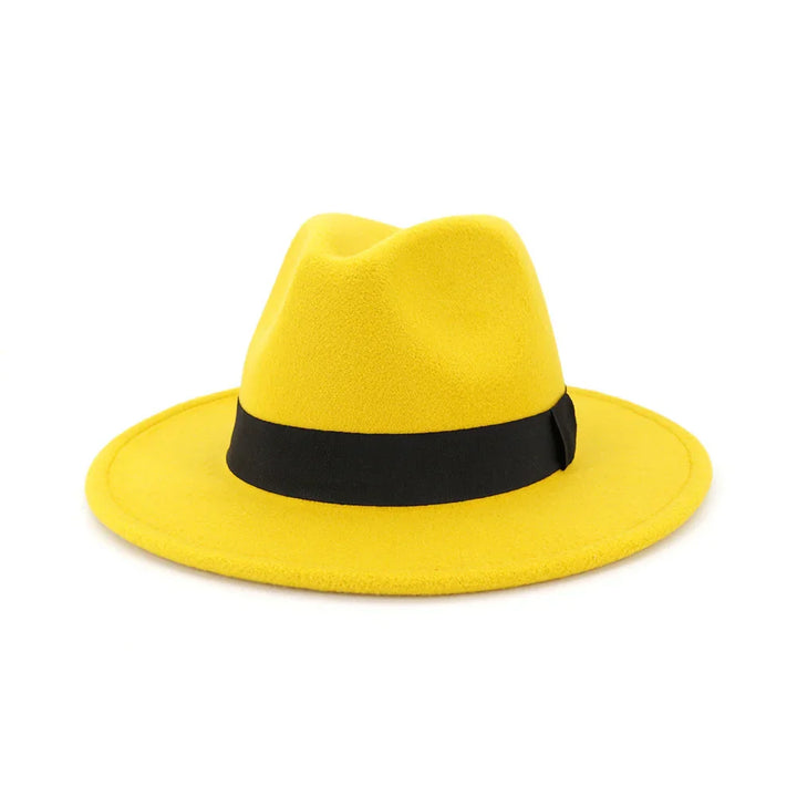 Yellow fedora hat with black band on white background