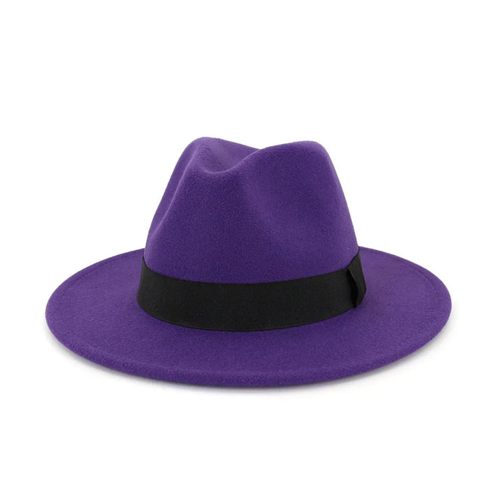 Purple fedora hat with wide brim and black ribbon band on white background