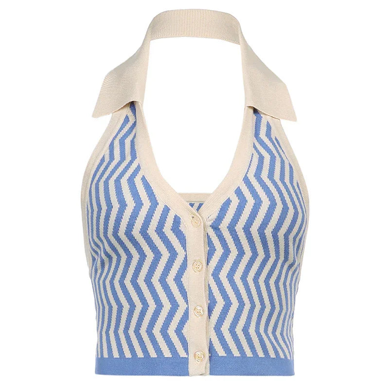 Blue and white chevron knit halter top with collar and button-down front