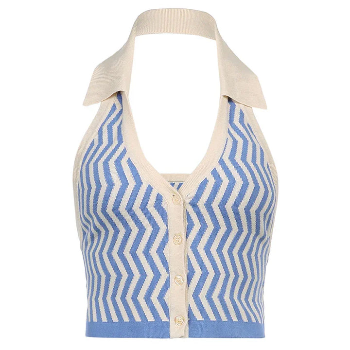 Blue and white chevron knit halter top with collar and button-down front