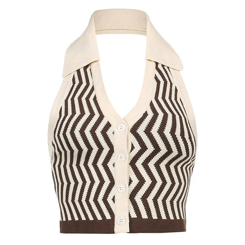 Sleeveless knit halter top with brown and beige zigzag pattern and front buttons