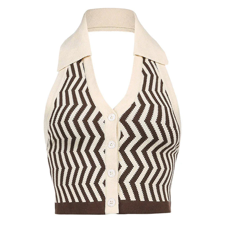 Sleeveless knit halter top with brown and beige zigzag pattern and front buttons