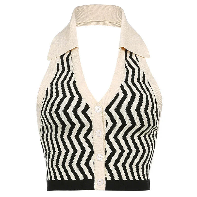 Black and white zigzag patterned knitted halter crop top with collar and button front
