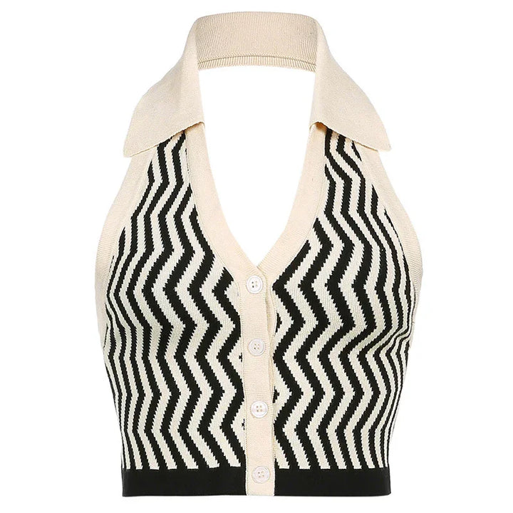 Black and white zigzag patterned knitted halter crop top with collar and button front
