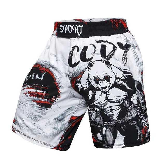 White MMA shorts with a fierce panda graphic, 'CODY' text, and black red brushstroke design