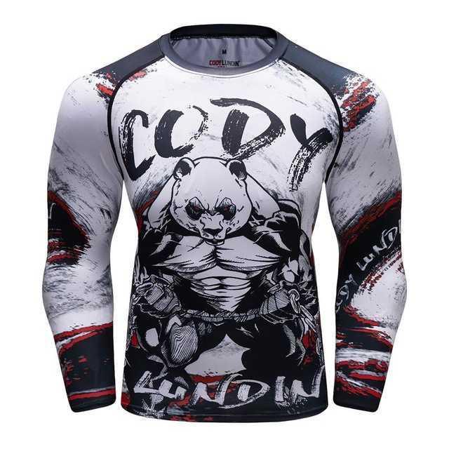 Men's white long sleeve rash guard with muscular panda graphic and CODY branding