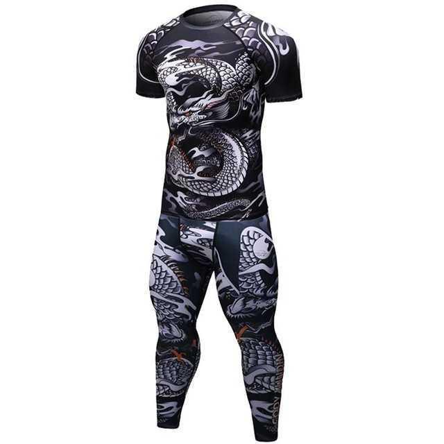 Black athletic compression set with white dragon graphic, short sleeve top and leggings