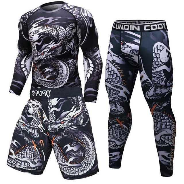 Black dragon print MMA rash guard shirt, shorts, and compression pants set