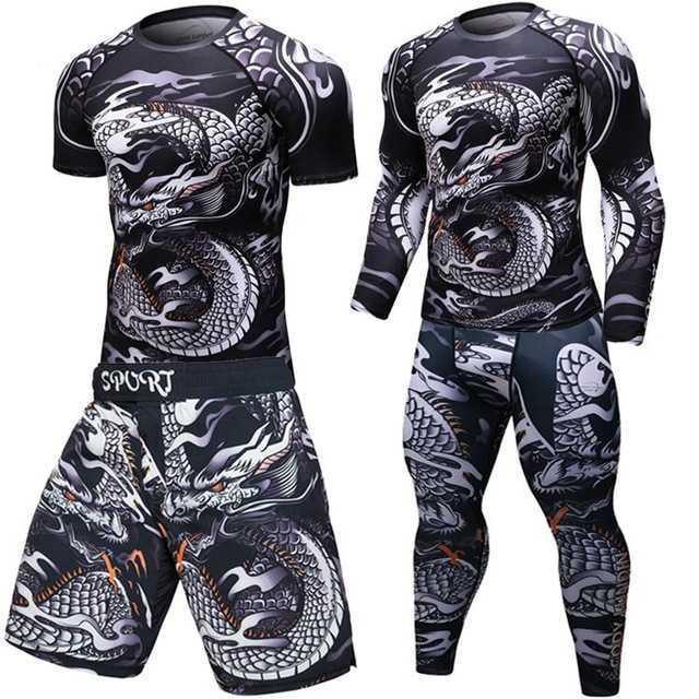 Black MMA rash guard and shorts set with bold dragon graphic design