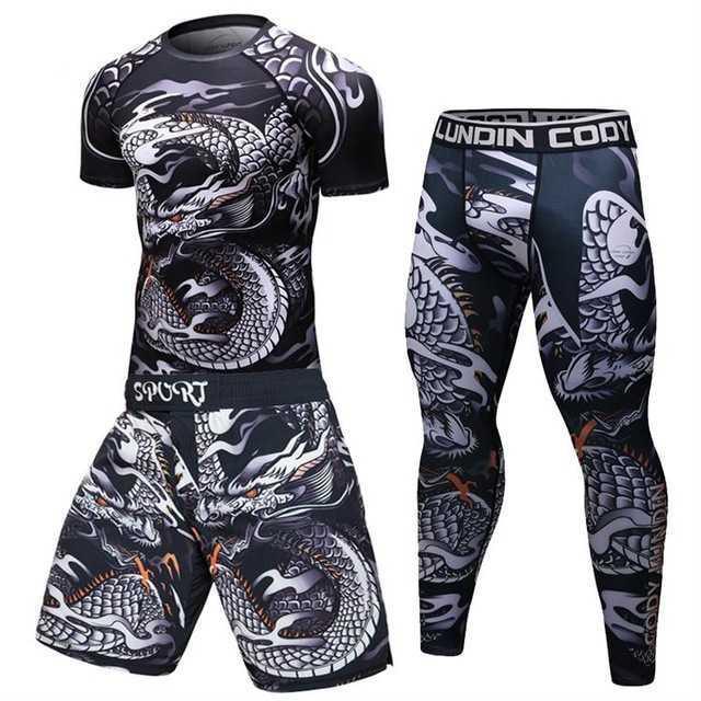 Men's athletic compression set with black dragon print, includes shirt, shorts, and leggings