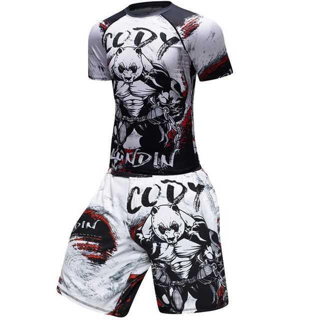Graphic panda MMA rash guard set with bold text, short sleeves, black and white design