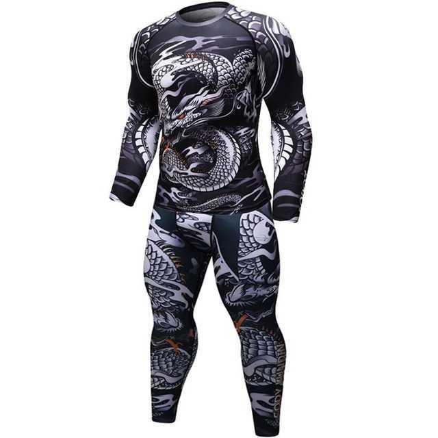 Black compression workout set with white dragon print, long sleeves and leggings