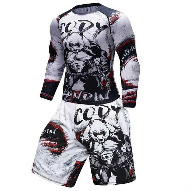 Men’s MMA rash guard set with muscular panda graphic and graffiti design, white and black