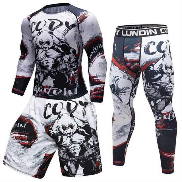 Men's MMA compression set with panda graphic, black red white rashguard shorts leggings