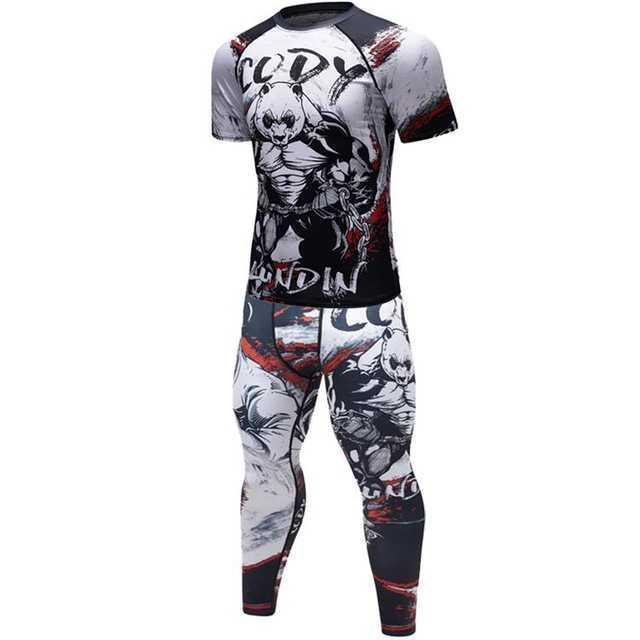 Men's compression sportswear set with panda warrior graphic, short sleeve top and leggings