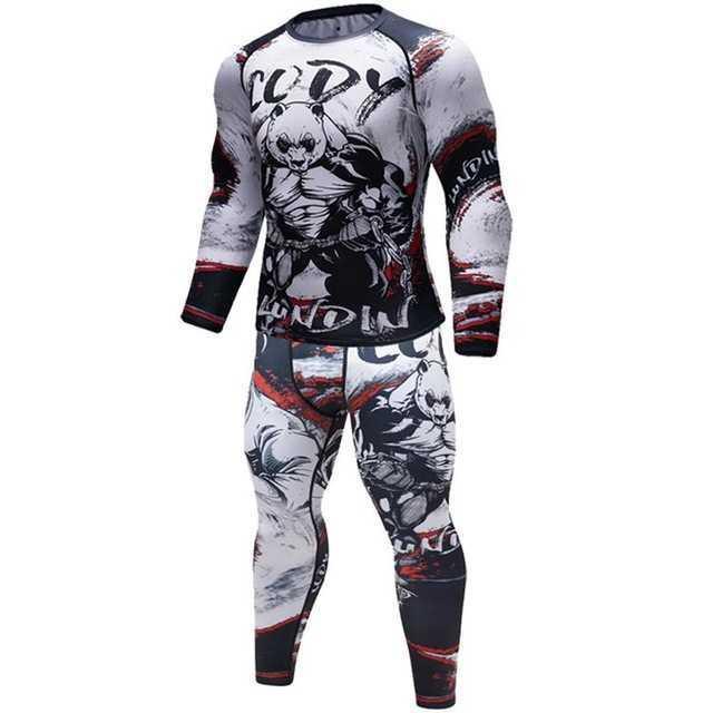 Graphic anime print compression shirt and leggings set, black, red, and white fitness wear