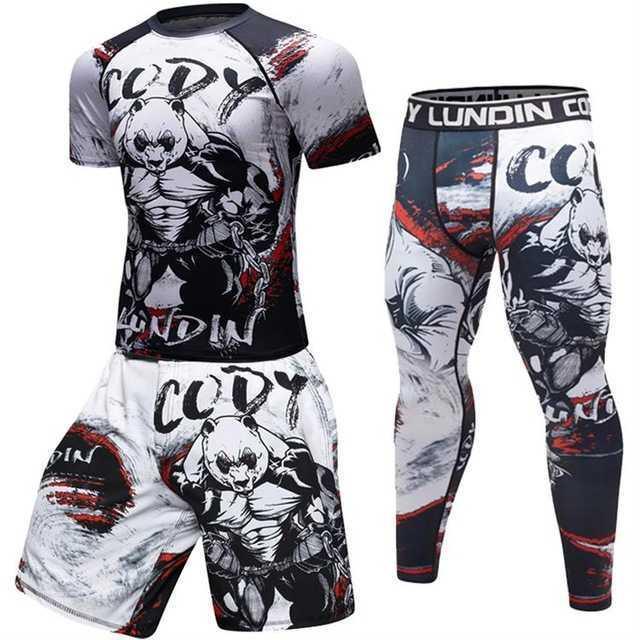 Men's MMA sportswear set with panda graphic, shorts, compression pants, and rash guard.
