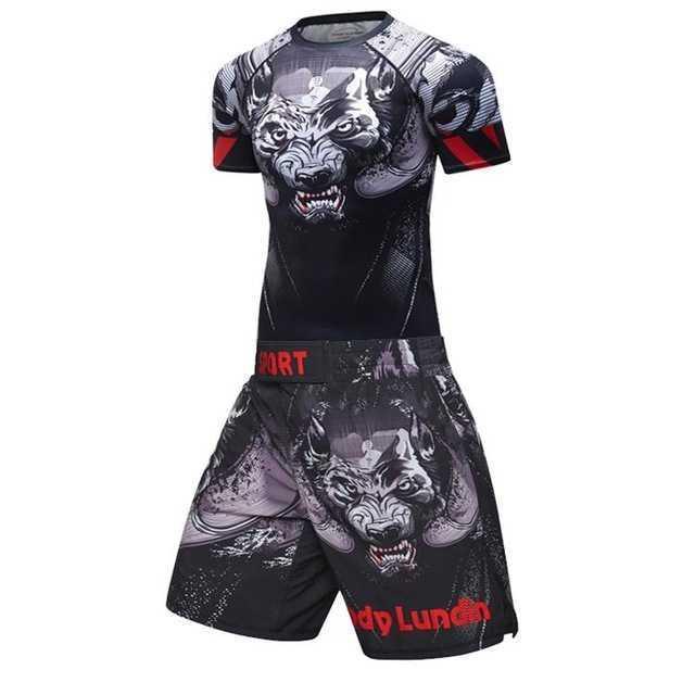Black sports outfit with wolf graphic and red accents on shirt and shorts