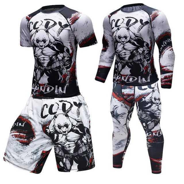 Men's sportswear sets with panda graphic print, including shorts and leggings, MMA style.