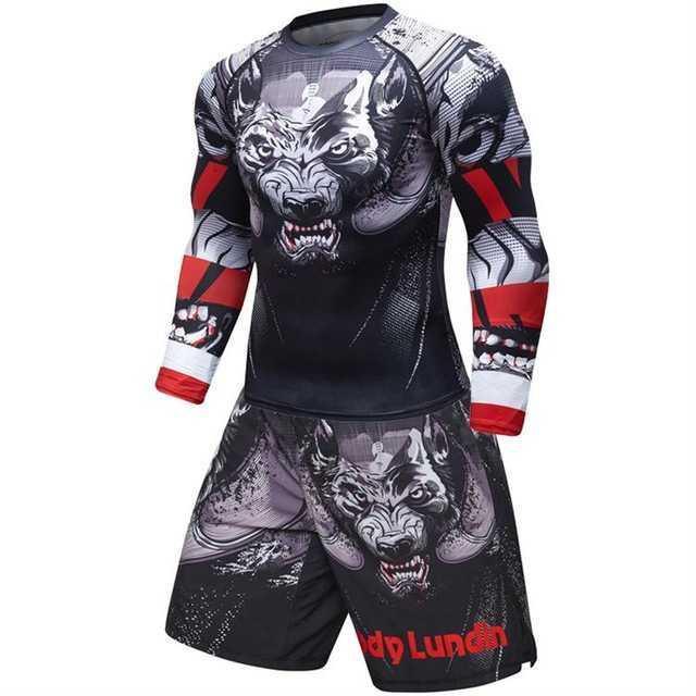 Men's wolf graphic MMA rash guard and shorts set, black with red and white accents