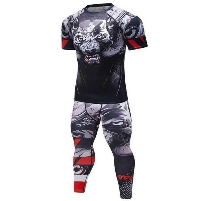Men's black athletic compression outfit with graphic wolf and comic art print