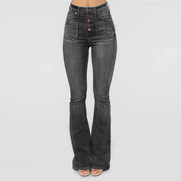 High-waisted black flare jeans with button front and front pockets on a model