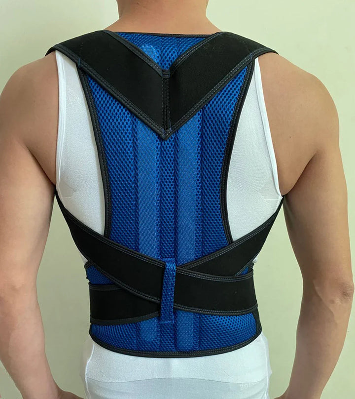 Back view of person wearing blue mesh posture corrector brace with black support straps