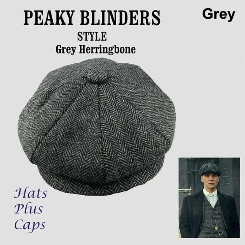 Grey herringbone Peaky Blinders style flat cap with small button top, worn by man in period outfit