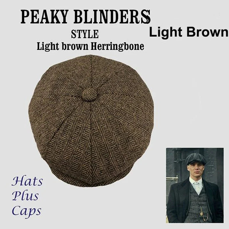 Light brown herringbone Peaky Blinders style cap with a button top and promotional image of man wearing similar cap