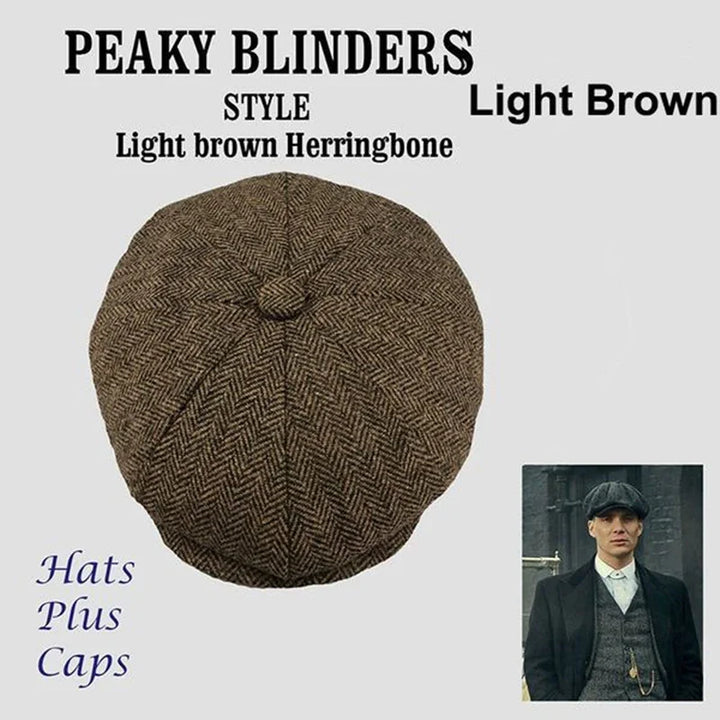 Light brown herringbone Peaky Blinders style cap with a button top and promotional image of man wearing similar cap