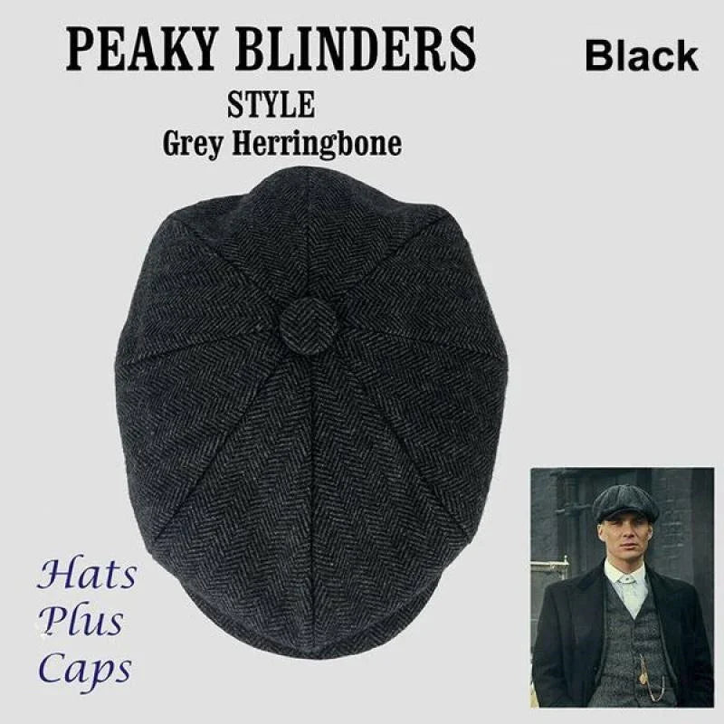 Black Peaky Blinders style grey herringbone flat cap with small inset of man wearing the cap