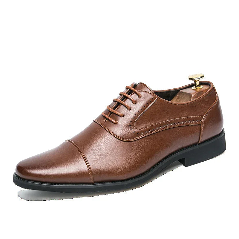 Brown leather men's Oxford dress shoe with cap toe and brogue detailing