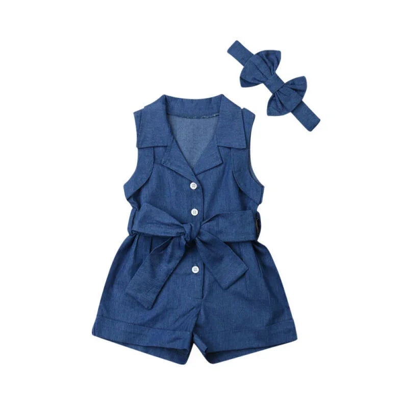 Blue sleeveless button-up romper with belt and matching headband for toddler girls