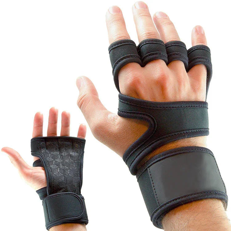 Pair of black neoprene wrist wraps with open fingers and adjustable straps on hands