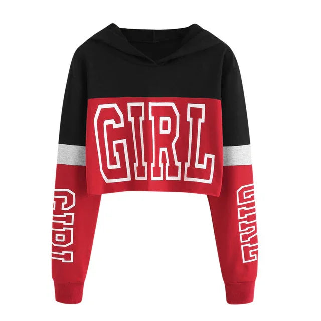 Black and red cropped hoodie with GIRL text on chest and sleeves, sporty casual style