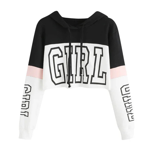 Black, white, and pink cropped hoodie with GIRL text on front and sleeves