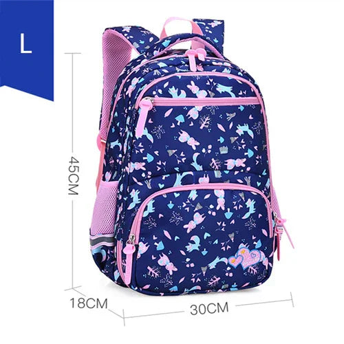 Large navy blue kids backpack with pink trim and floral and bird pattern, measuring 45x30x18 cm