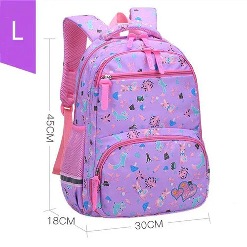 Large pink and purple kids backpack with playful dinosaur print and heart patch, measuring 45x30x18 cm