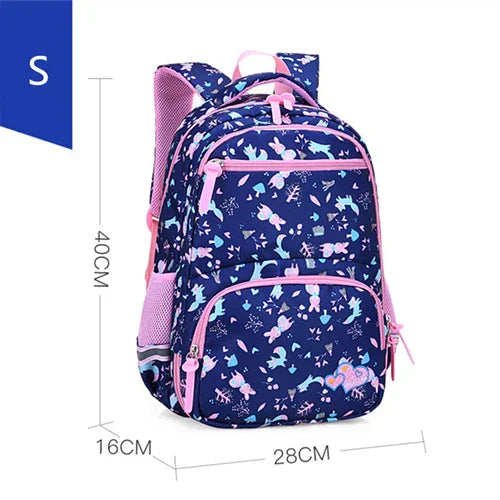 Small navy blue kids backpack with pink straps and colorful cartoon animal print, size 40x28x16 cm