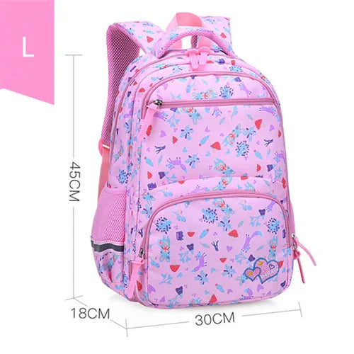 Large pink floral kids backpack with multiple compartments and heart patch, 45x30x18cm