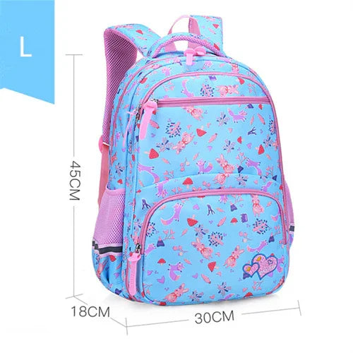 Large blue and pink kids backpack with cartoon animal and heart prints, measuring 45x30x18 cm