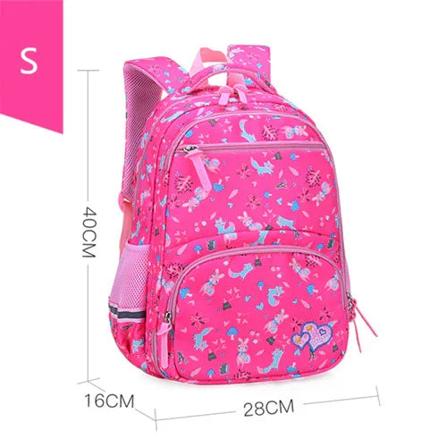 Pink children's backpack with animal and heart prints, multiple compartments, mesh side pockets, 40x28x16 cm
