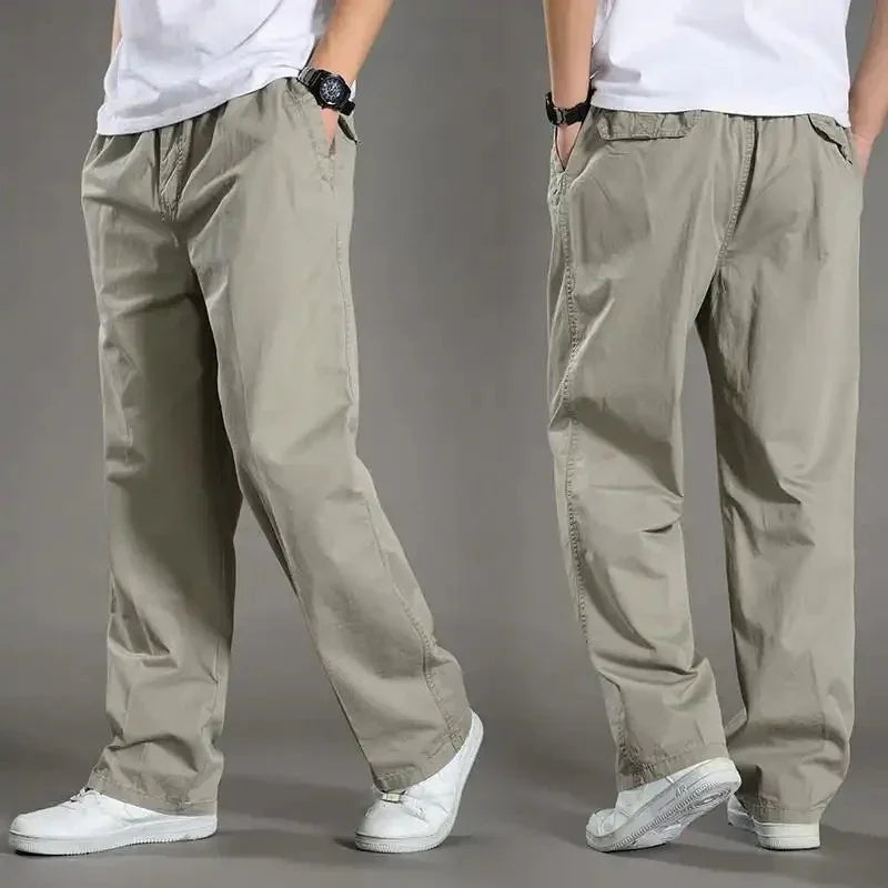 Casual khaki loose-fit pants worn with white sneakers and white t-shirt, shown front and back views