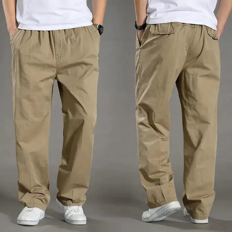 front and back view of men's casual loose-fitting khaki pants paired with white sneakers and white t-shirt